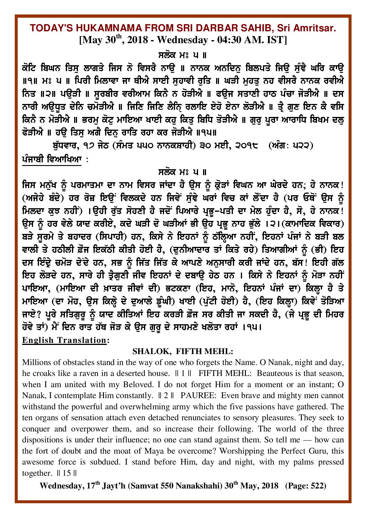 Daily Hukamnama Sri Darbar Sahib May 30, 2018